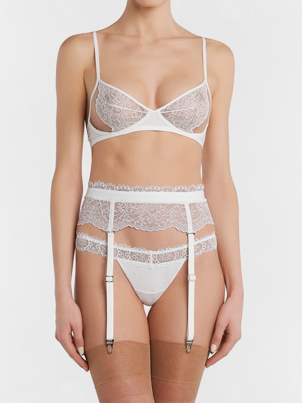 Off-white underwired balconette bra with Leavers lace trim